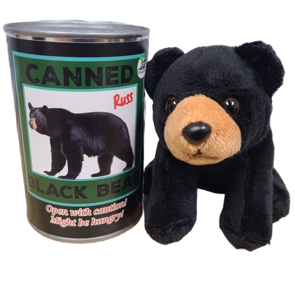 Peluche Russ l'ours noir en conserve | Peluche de zoo en peluche avec blagues | Cadeau